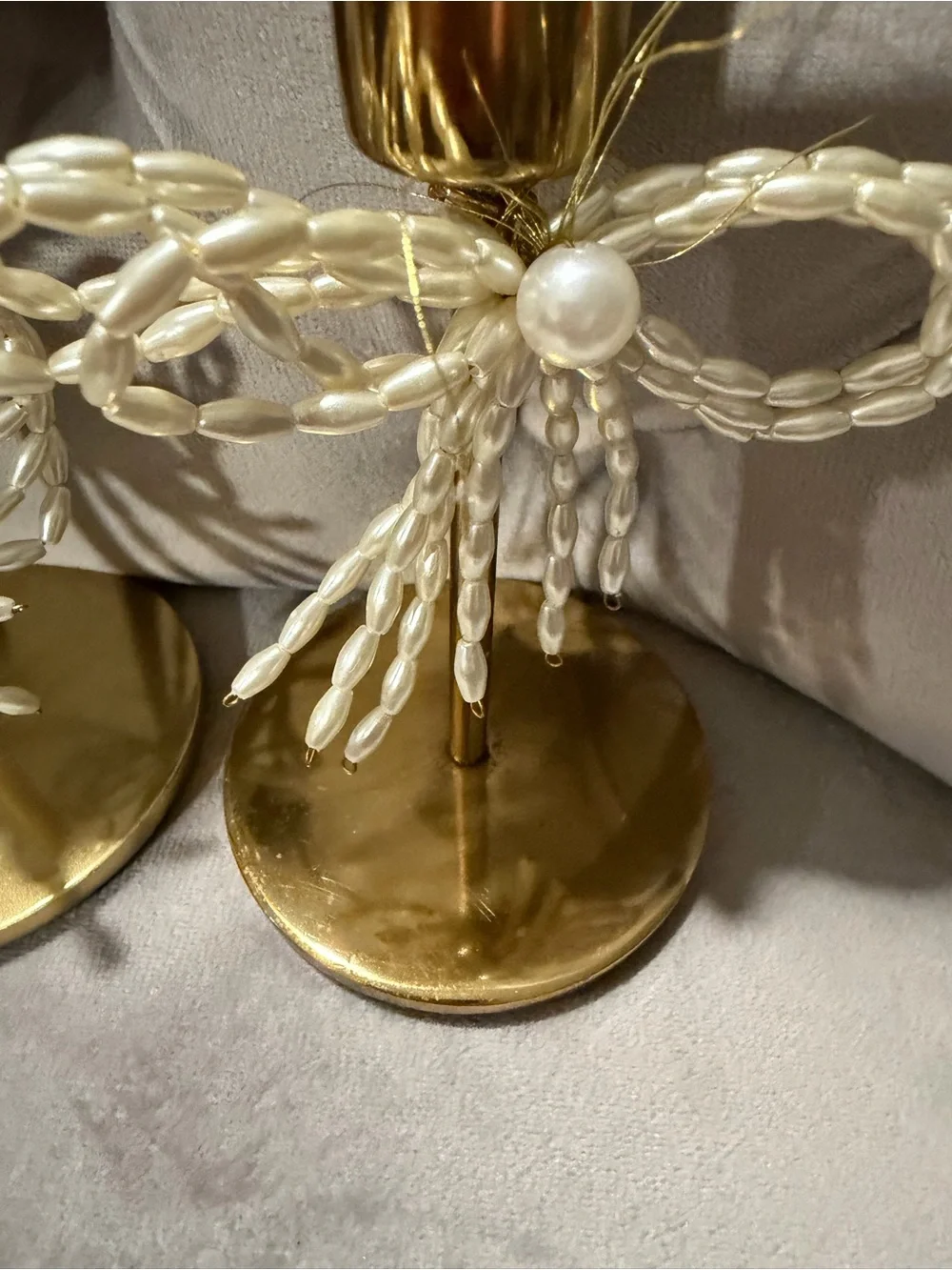 Anthropologie Gold Candlestick Holders with Pearl Bow Accents